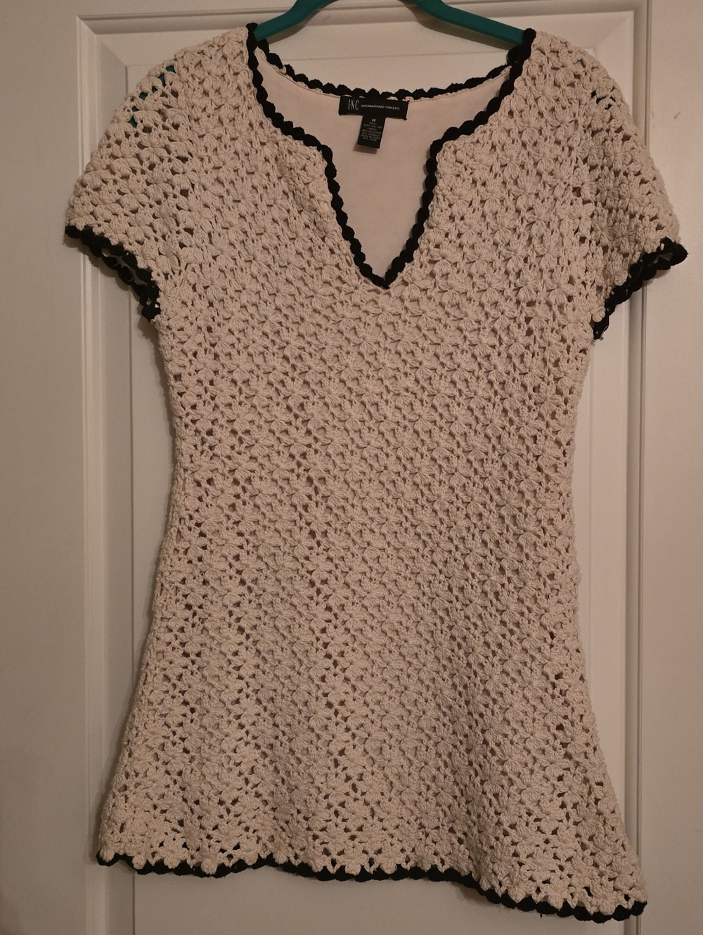 INC International Concepts Cream Crochet Short-Sleeve Tunic with Black Trim